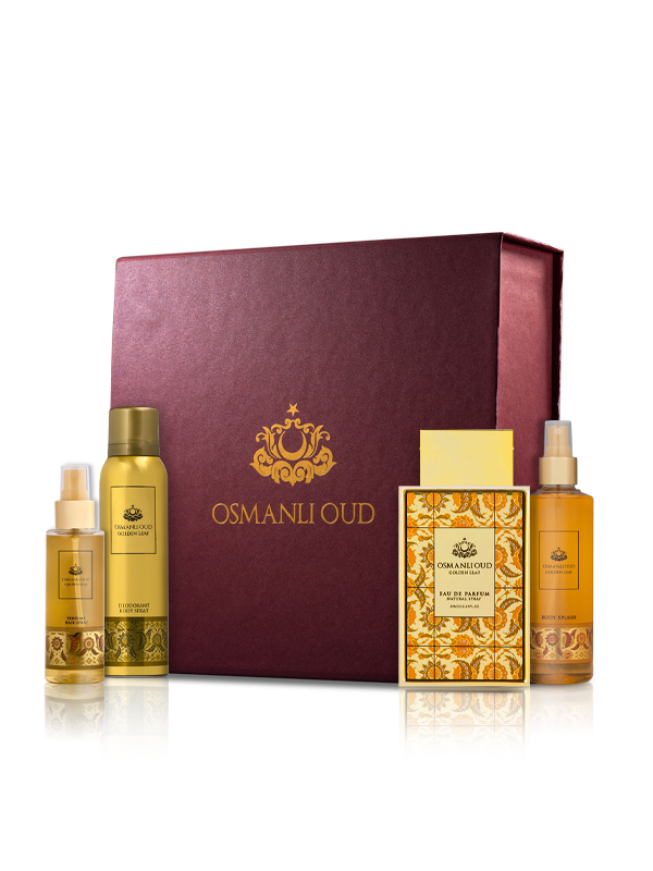Golden Leaf Set 4 Pcs Premium Women's Gourmand Fragrance Collection by Osmanli Oud including Perfume and Hair Spray